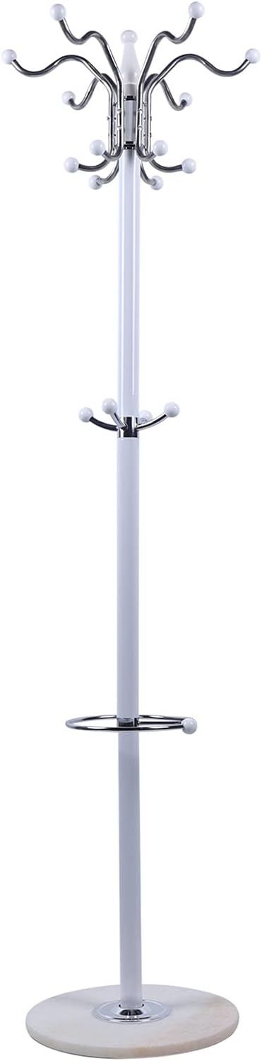 Free-Standing Coat Rack with Marble Base 16 Hooks, 4 -Tier Metal Coat Hat Jacket Stand Tree Holder Hanger Rack Hall Tree Standing Coat Rack Tree,for Bedroom Office Hallway Entryway, White Finish, 5.6 Ft Tall