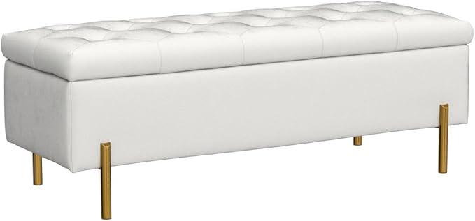 Andeworld Velvet Storage Bench, Modern Bedroom Bench, Upholstered Tufted Large Settee Ottoman with Storage Bench for Bedroom,Living Room,Entryway, Ivory