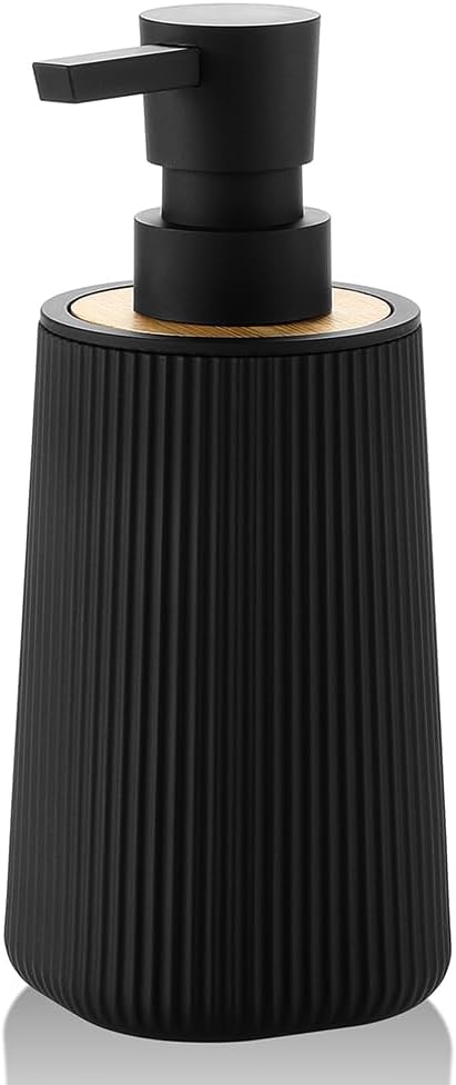Small Soap Dispenser for Bathroom and Kitchen, Modern Farmhouse Striped Style Plastic Hand Soap Dish Soap Dispenser with Bamboo Decor Black