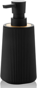 Small Soap Dispenser for Bathroom and Kitchen, Modern Farmhouse Striped Style Plastic Hand Soap Dish Soap Dispenser with Bamboo Decor Black