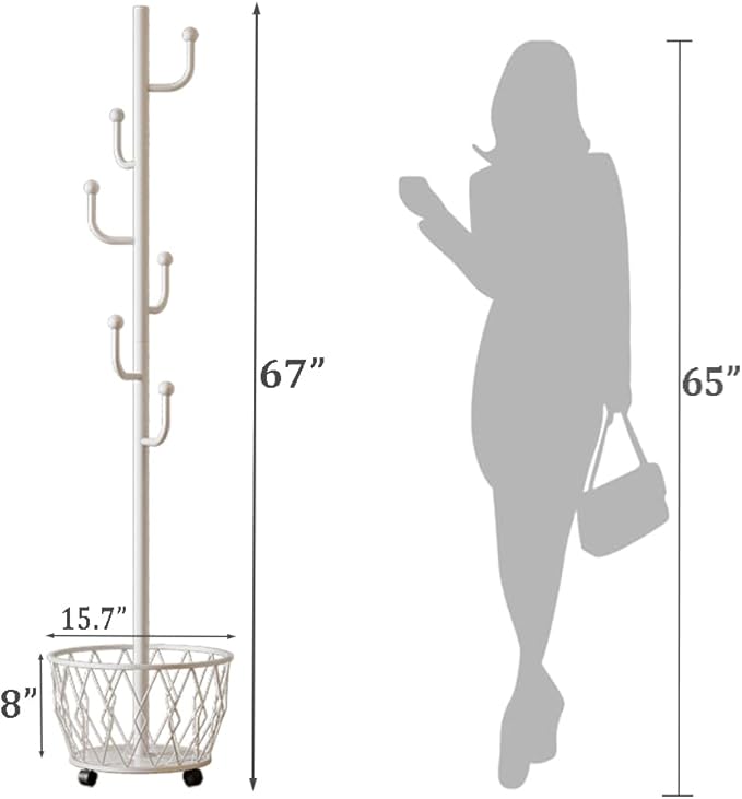 White Cactus shaped Coat Rack Hanger Freestanding, Metal Clothes Rack with Basket 6 Hooks to Hang Clothes, Hat, Bag for Entryway, Hallway, Bedroom