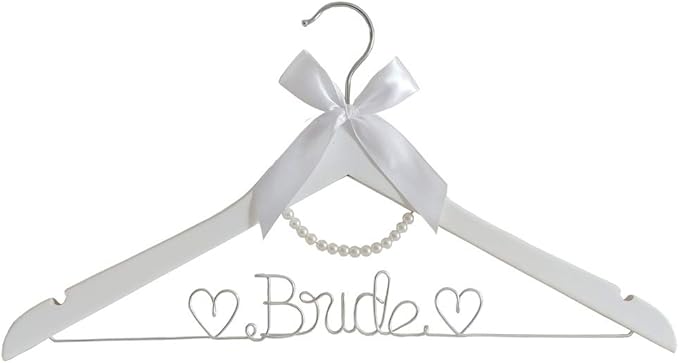 The Bride's Wedding Gift, Wooden Wedding Dress Gown Hanging Wire Letter Hanger (White and Silver Thread with String of Pearls)