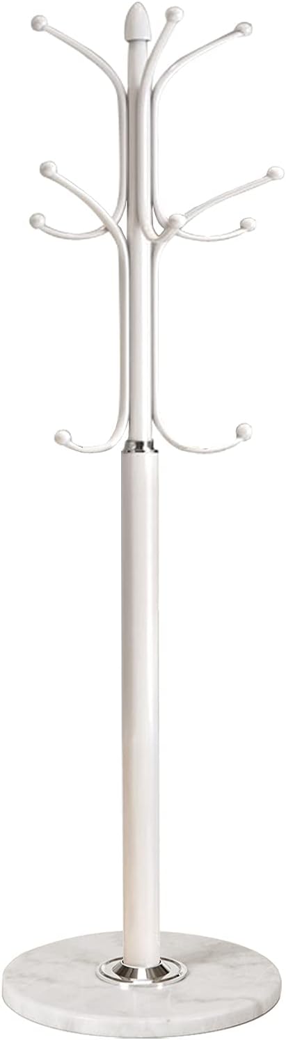 Kertnic Metal Coat Rack Stand with Natural Marble Base, Free Standing Hall Tree with 12 Hooks for Hanging Scarf, Bag, Jacket, Home Entry-way Hat Hanger Organizer (White)