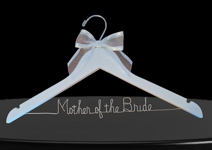 Mother of the Bride - Mother of the Groom Wedding Dress Hanger Silver or Gold Sturdy Wire, Quality Dark or White Wood Hanger with Notches - Your Choice of 10 Bow Colors Gift