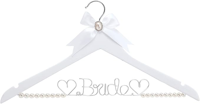 White Solid Wood Bridal Dress Hanger with Bridal Wire Lettering for Bridal Wedding Party Gift (White Coat Hanger Pearl Silver Thread)