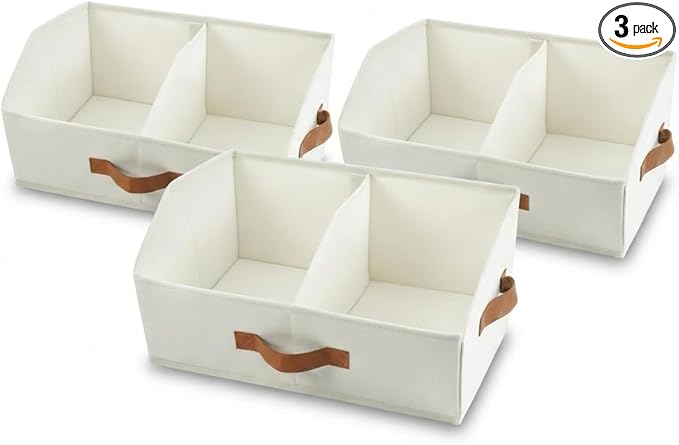 Trapezoid Storage Bin - UPGRADED Closet Organizers And Storage With Leather Handles & Adjustable Dividers, Fabric Collapsible Storage Bins For Clothes Storage & Shelf Organizer (3pcs, Small, Ivory)