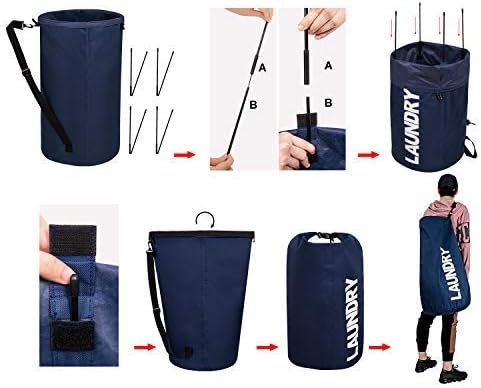 WOWLIVE Extra Large Foldable Laundry Bag Laundry Basket Collapsible Laundry Hamper Backpack Liner Dirty Clothes Hamper Standing Waterproof Hampers for Dorm Room(Dark blue)