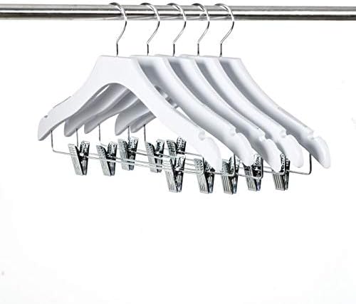 Quality 14.5" White Wooden Petite Kids Skirt Pant Hanger Luxury Design with Robber Grips Chrome Swivel Hook Medium Elementary Size