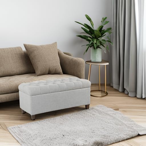 Homepop Home Decor Tufted Ainsley Button Storage Ottoman Bench with Hinged Lid Ottoman Bench with Storage for Living Room & Bedroom, Light Blue 18x40x18 Inches