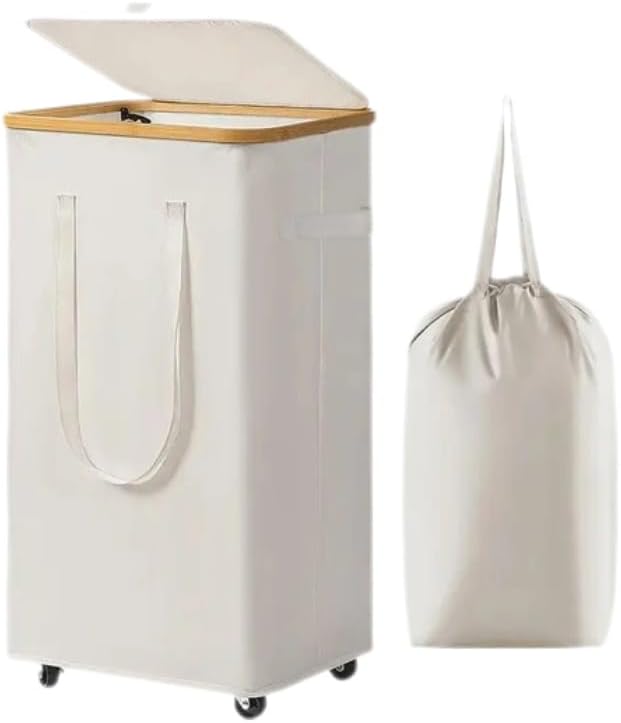Large Laundry Hamper with Wheels, 60L Rolling Laundry Basket with Lid & Handle, Heavy-Duty Mobile Clothes Hamper, Slim Rolling Design with Removable Bag (white)