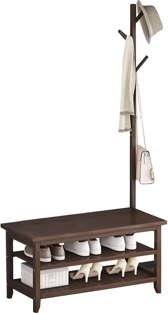 GIZNXBA Coat Rack Shoe Bench, Coat Rack Stand Wood, Hall Tree with Shoe Storage, 3-Tier Shoe Bench with 3 Hooks, Industrial Hall Tree for Hallway, Bedroom, Entryway (Size : 80cm)