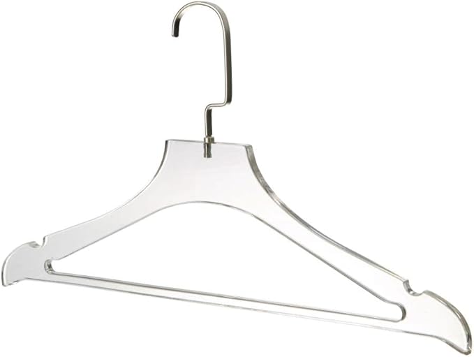 YBM Home Quality Acrylic Clear Coat Hangers Made of Clear Acrylic for a Luxurious Look and Feel for Wardrobe Closet, Clothes Hangers Organizes Closet, with Bar, Silver w/Flat Hook, 4120-1