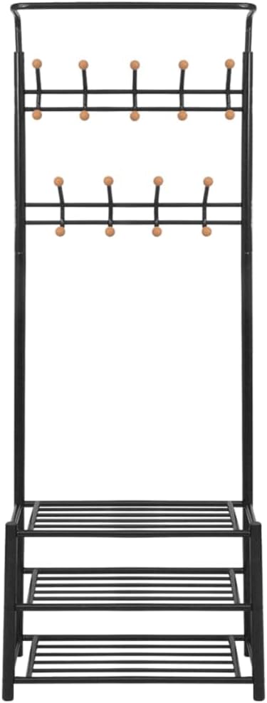 vidaXL Freestanding Clothes Rack with Shoe Storage, Black Steel Stand with Plastic Detailing, Practical Coat Hanger with Shelving for Footwear and Accessories