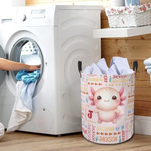 Axolotl Laundry Basket,Custom Laundry Hamper with Name,Personalized Axolotl Gifts for Boys Girls,Customize Collapsible Laundry Basket for Bedroom Bathroom,M-19.5"X 15.7"