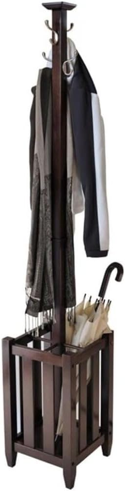 Memphis Coat Tree and Umbrella Rack Wooden Entryway Organizer Multi Hook Freestanding Stand Vertical Hallway Storage Sleek Furniture Utility Tree Natural Finish Modern Wood Accent