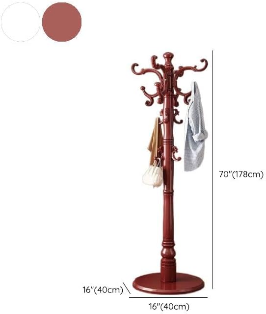 CraftThink Pine Coat Rack, Free Standing Tree Hanger Coat Tree for Clothes, Hats, Bags, Purses, with Double Prong Hooks, for Entryway, Hallway, Bedroom (Round Base 16" L x 16" W x 70" H, Red)