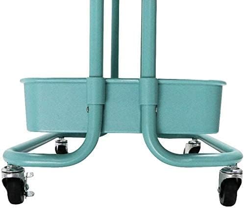 3 Tier Rolling Cart with Table Top Small Storage Utility Cart on Wheels School Offices Supplies Mobile Cart with 3 Organizer Cups, Metal Frame w/Plasitc Trays(Teal)