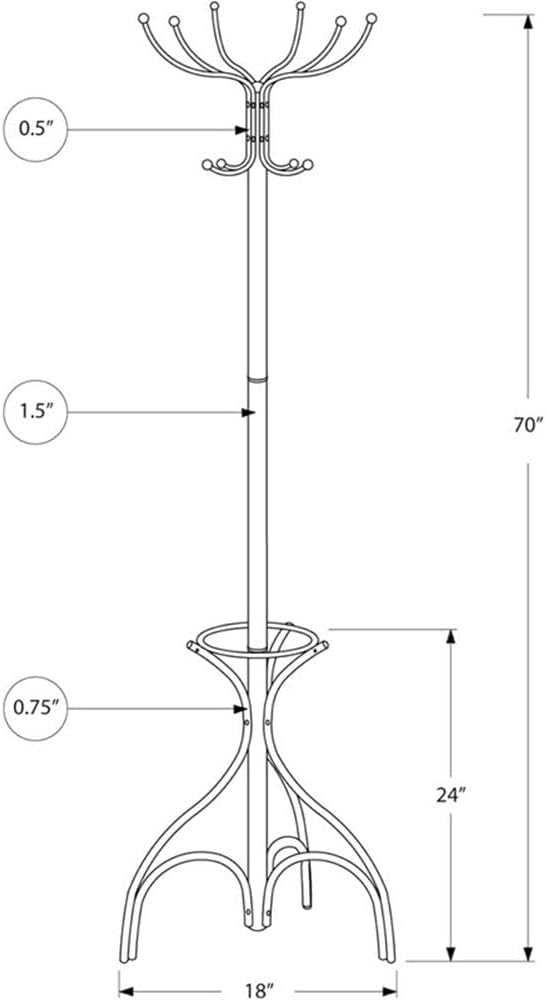 Monarch Specialties 2031, Hall Tree, Free Standing, 12 Hooks, Entryway, Umbrella Holder, Bedroom, Metal, Black, Transitional Coat Rack, 18" L x 18" W x 70" H
