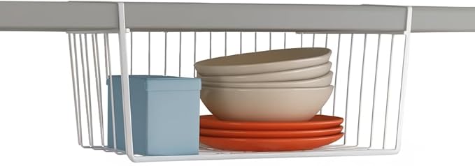 Modern Home Under Shelf Wire Storage Baskets – Hanging Organizer Rack for Cabinet, Pantry, or Closet – White Metal Basket for Kitchen, Towels, or Office – No Tools Required (15")