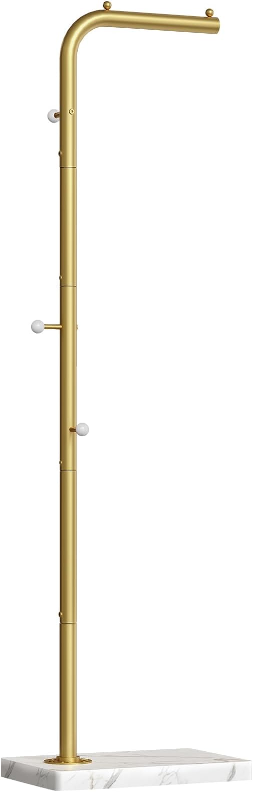 L Shaped Glod Coat Rack, Metal Coat Tree, Modern Clothes Rack with 3 Hooks and Thickened Base, Floor Standing Coat Hanger Stand, for Entryway, Living Room, Cloakroom, Gold and White YM01DWY1