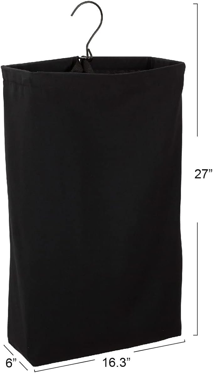 Household Essentials Door Hanging Laundry Bag, Washable Canvas Bag with Loop Handle, Holds Two Loads of Laundry, Great for Dorms and Small Spaces, Black