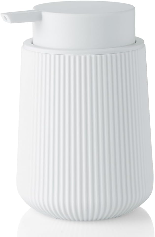 Striped Liquid Hand Soap Dispenser with Leak-Proof Pump for Bathroom and Kitchen Countertop 11oz White