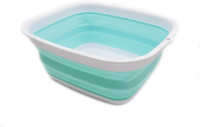 SAMMART 7.7L (2 Gallon) Collapsible Tub - Foldable Dish Tub - Portable Washing Basin - Space Saving Plastic Washtub (White/Lake Green, S)