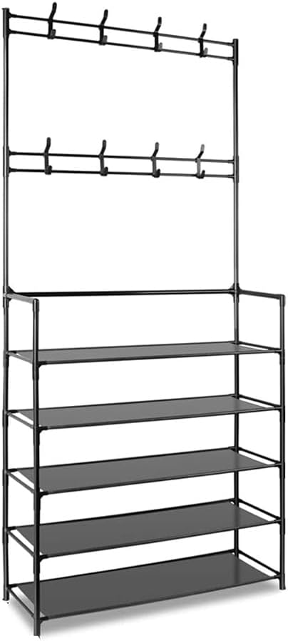 5 Tiers Shoe Rack Coat Rack, Entryway Bench Storage Organizer Multi-Functional Freestanding Shoe Shelf Coat Storage Organizer with 8 Hooks Hat Rack for Entryway Home Door Hallway