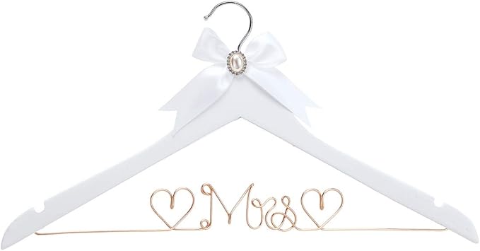 White Solid Wood Bridal Dress Hanger with Lady Wire Lettering for Bridal Wedding Party Gift (Rose Gold line White Hanger)