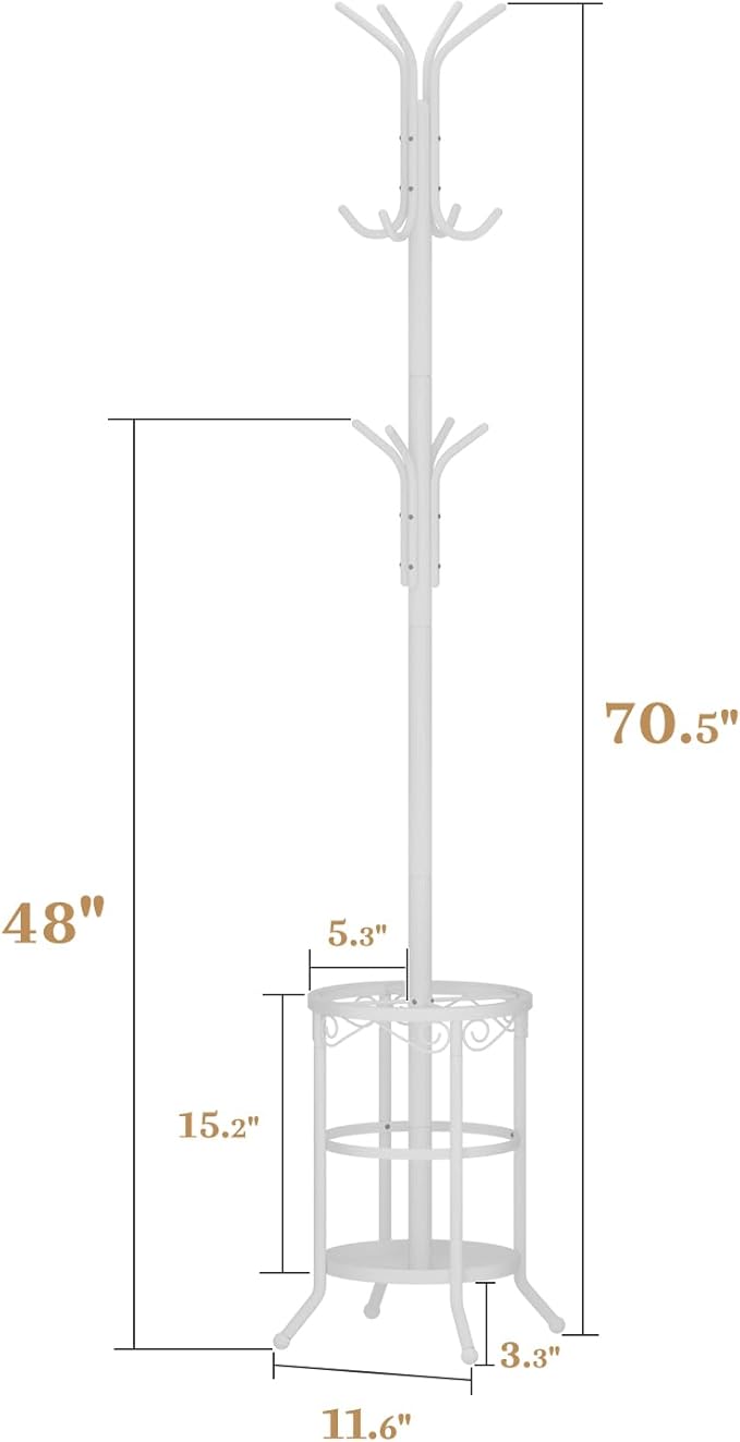 Coat Rack Freestanding with Umbrella Holder – Metal Hanger Stand, Hall Tree with 12 Hooks, Entryway Organizer for Hats, Bags, and Clothes (White)