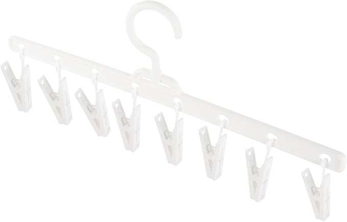 Foldable Windproof Clips Drying Rack for Socks and Underwear, Portable Plastic Hanger with 8 Clips for Laundry and Travel, White
