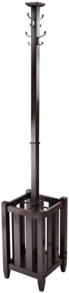 Pemberly Row Transitional Solid Wood Coat Tree and Umbrella Rack, 71.52" H, Cappuccino Finish, 4 Double Metal Hooks, Satin Nickel Hardware, Entryway or Hallway Storage