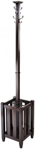 Pemberly Row Transitional Solid Wood Coat Tree and Umbrella Rack, 71.52" H, Cappuccino Finish, 4 Double Metal Hooks, Satin Nickel Hardware, Entryway or Hallway Storage