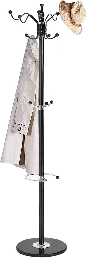 67" Metal Coat Rack Stand Satin Steel Marble Base with 16 Hooks Metal Tree Hat Rack & Coat Hanger Floor Standing Clothes Rack High-Grade Wall Bedroom Hall Entryway Organizer Storage,Black