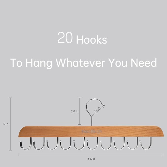 Bra Hanger for Closet Organizers and Storage | Space Saving Wooden Hanger | 20 Steel Hooks for Tank Tops, Camis, Hats, Lingeries, Belts, Ties, Scarfs Holder| 360° Rotating Non-Slip (1, 2 Pack Natural)