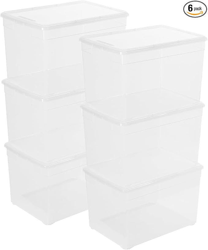 novelinks 6 Pack 22QT Plastic Storage Bins with Lids, Stackable Clear Containers with Latches, Durable Nestable Boxes for Office, Home, Garage, Shoes Organization