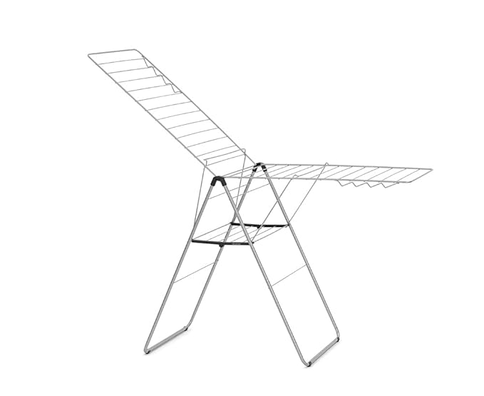 Brabantia HangOn Clothes Drying Rack | 82ft (25m) | Metallic Gray | Large Indoor Clothes Airer Laundry Stand with 2 Fold-Out Wings & Hanger Hooks, Folds Flat | Fits 2 Full Loads