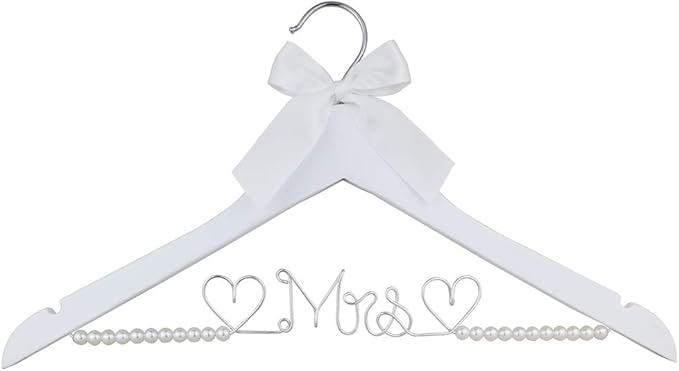 Bridal Dress Hanger Solid Wood Dress Hangers Mrs Letter Hanger Wedding Gift (White Coat Hanger Silver Thread Pearl)