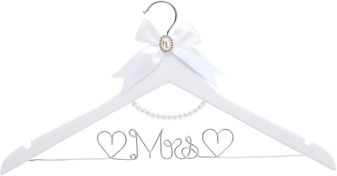 White Solid Wood Bridal Dress Hanger with Lady Wire Lettering for Bridal Wedding Party Gift (Silver Thread and Pearl Chain White Hanger)