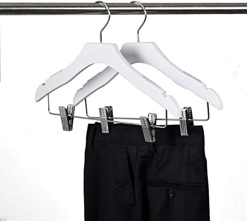 Quality White Wooden Kids Pant Skirt Hanger 10-Pack, Luxury Wave Design Chrome 360 Swivel Hook (10, 13" inch with Clips)