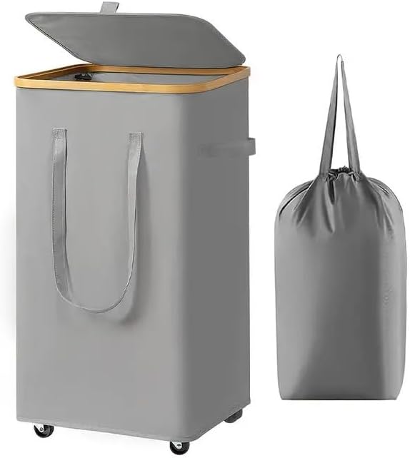 Large Laundry Hamper with Wheels, 60L Rolling Laundry Basket with Lid & Handle, Heavy-Duty Mobile Clothes Hamper, Slim Rolling Design with Removable Bag (Grey)