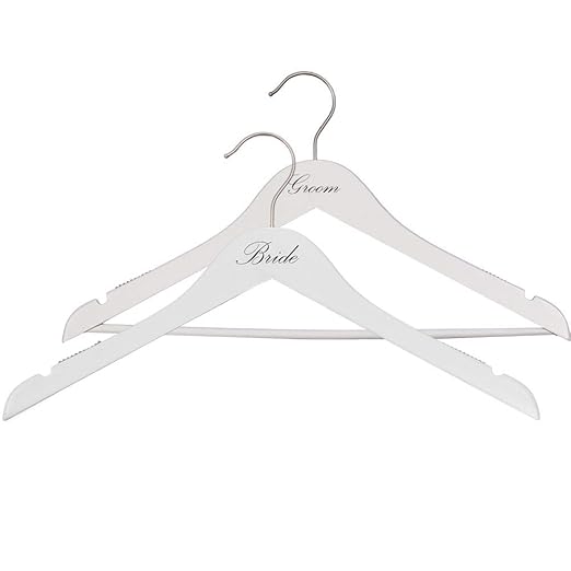 NAHANCO 17" Wooden Hangers, Bride and Groom Set, White with Black Imprint (2 Piece Set)