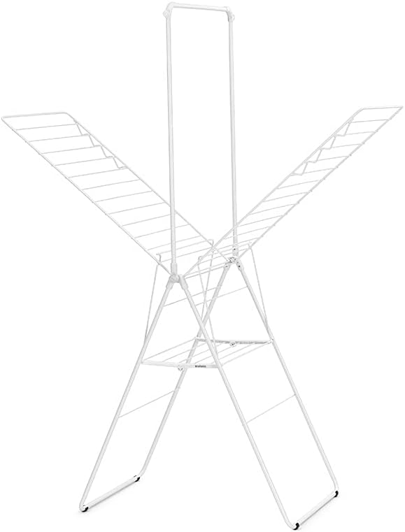 Brabantia HangOn Clothes Drying Rack with Garment Rail | 82ft (25m) | White | Large Indoor Clothes Airer Laundry Stand with 2 Fold-Out Wings & Hanger Hooks, Folds Flat | Fits 3 Full Loads