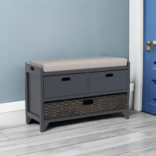 SOFTSEA Upholstered Storage Bench for Entryway, Wood Storage Ottoman with Removable Basket and 2 Drawers, Farmhouse Shoe Bench with Seat Cushion for Entryway, Living Room, Full Assembled, Navy