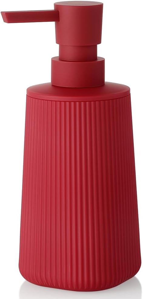 Small Soap Dispenser for Bathroom and Kitchen, Modern Farmhouse Striped Style Plastic Hand Soap Dish Soap Dispenser with Pump Matte Red