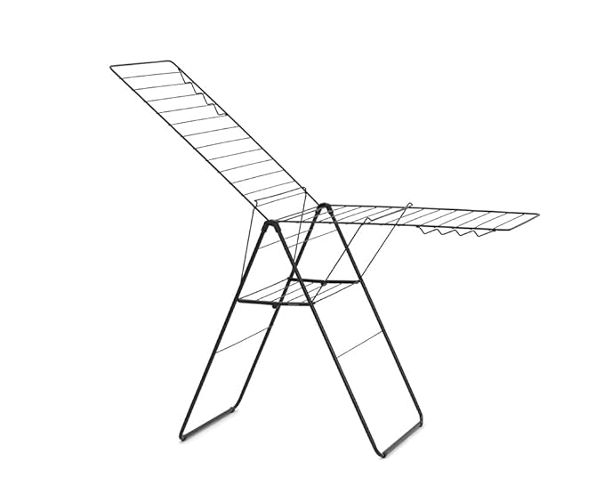 Brabantia HangOn Clothes Drying Rack | 82ft (25m) | Matt Black | Large Indoor Clothes Airer Laundry Stand with 2 Fold-Out Wings & Hanger Hooks, Folds Flat | Fits 2 Full Loads