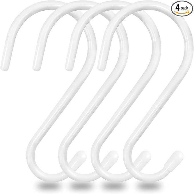 6 Inch White S Hooks, Large Vinyl Coated S Hooks Heavy Duty Non Slip Metal Closet Rod Hooks for Hanging Plants Outdoor Lights Jeans Clothes Bags Pot Pan Cups Tools - 4 Pack