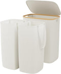 GARPROVM Double Laundry Hamper with Lid 150L Large Laundry Basket with Bamboo Handles Foldable Clothes Hampers with 2 Removable Liner Bags for Laundry for Bedroom Bathroom Dorm Laundry Room (Beige)