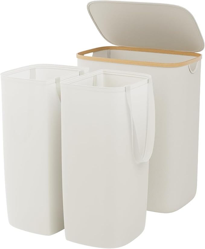 GARPROVM Double Laundry Hamper with Lid 150L Large Laundry Basket with Bamboo Handles Foldable Clothes Hampers with 2 Removable Liner Bags for Laundry for Bedroom Bathroom Dorm Laundry Room (Beige)