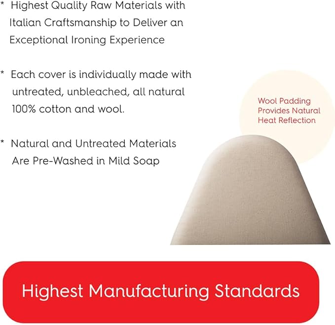 TIVIT Ironing Board Cover 15 x 48 Standard Chemical Free Eco-Friendly Padded Covers - Unbleached, Untreated Natural Cotton & Wool Pad - 2 Layer, 3 Fastener Straps, Pull Bungee Cord - Made in Italy